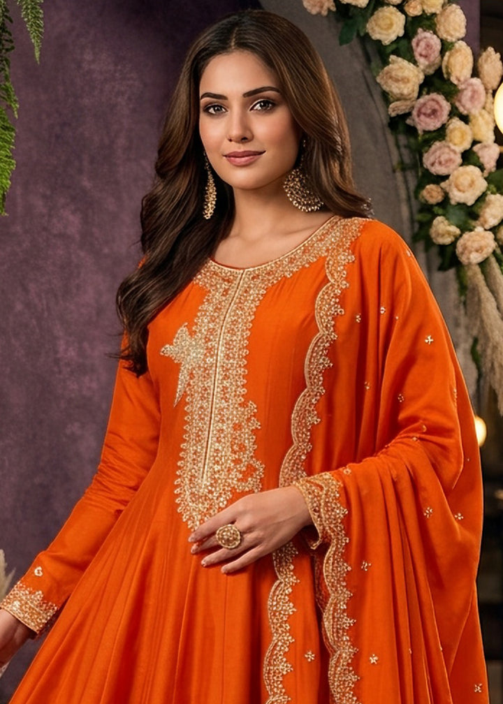 Sherbet Orange Silk Anarkali Suit with Exquisite Embroidery