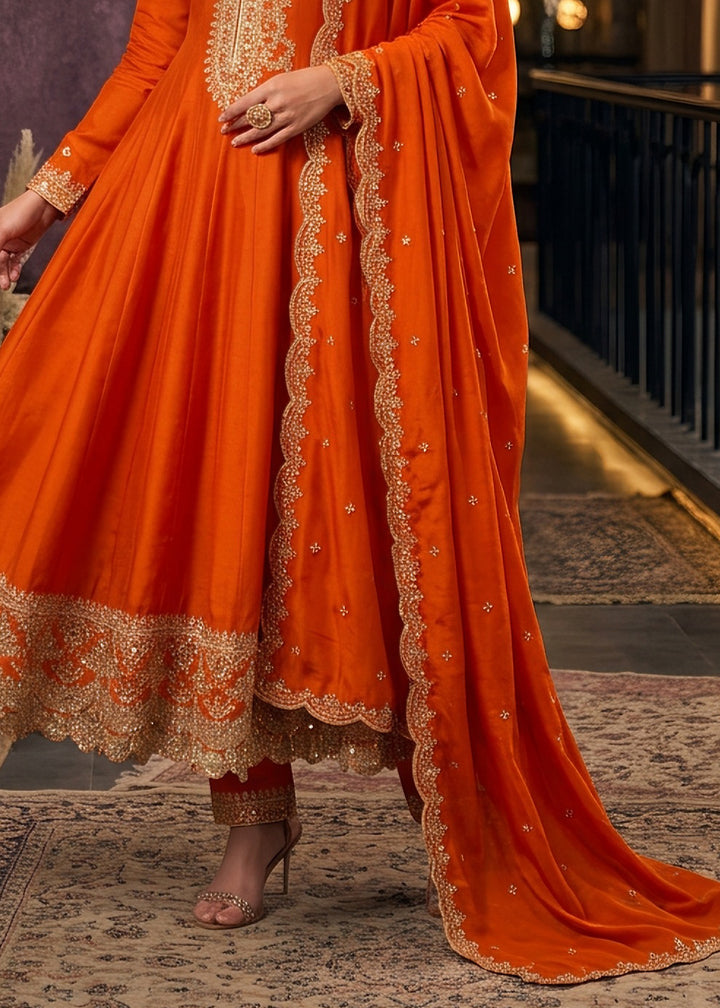 Sherbet Orange Silk Anarkali Suit with Exquisite Embroidery