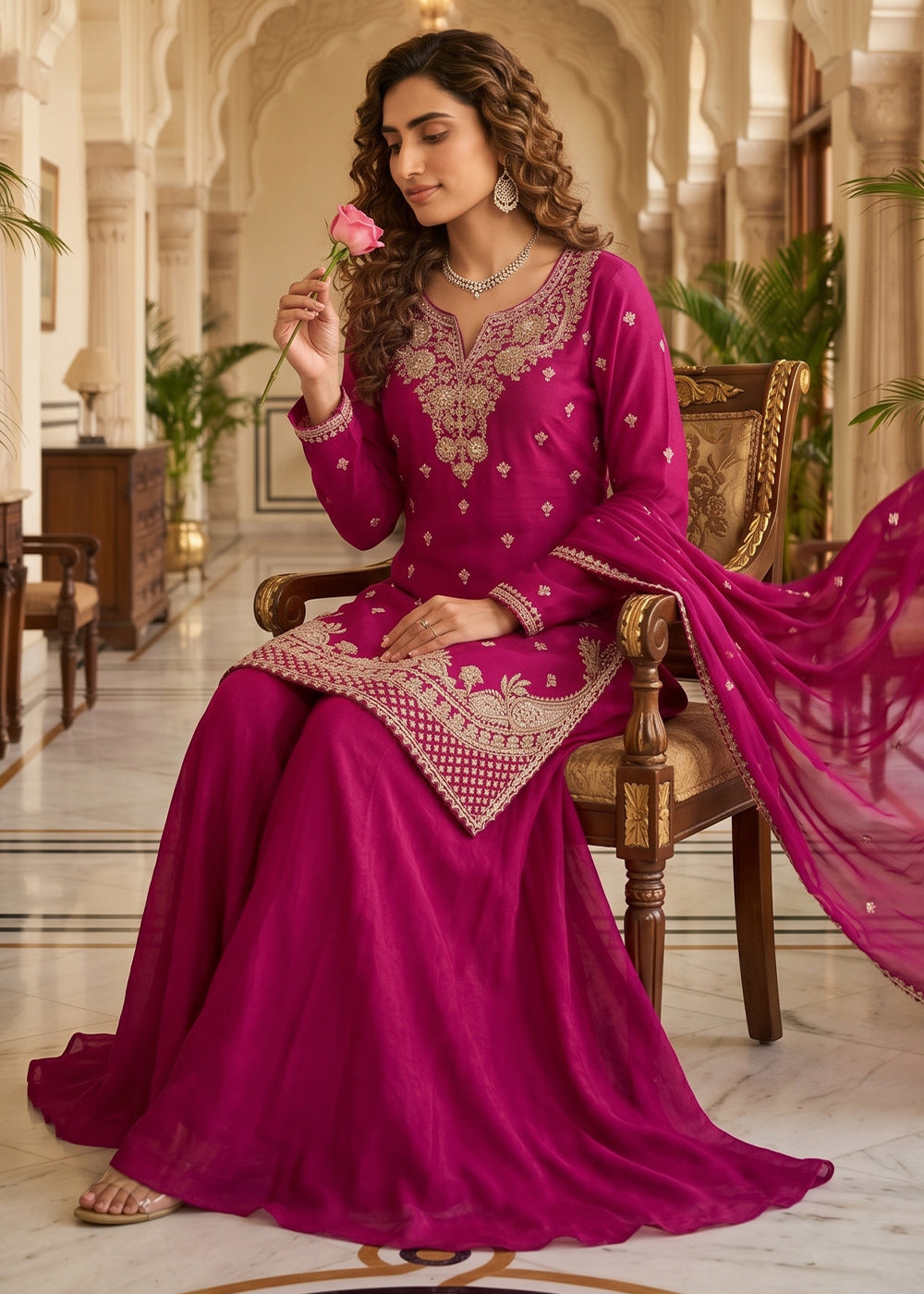 Magenta Pink Chinon Silk Sharara Suit with Ornate Embroidery Detailing
