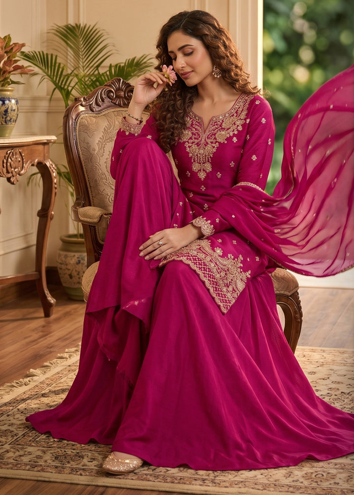 Magenta Pink Chinon Silk Sharara Suit with Ornate Embroidery Detailing