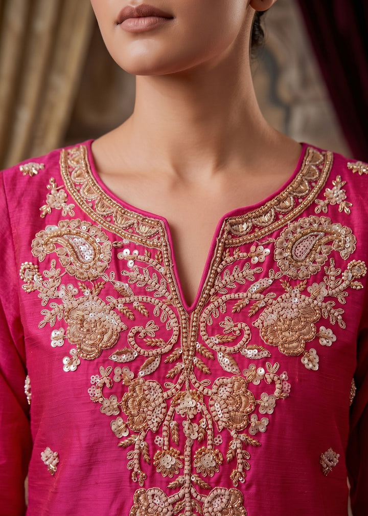 Magenta Pink Chinon Silk Sharara Suit with Ornate Embroidery Detailing