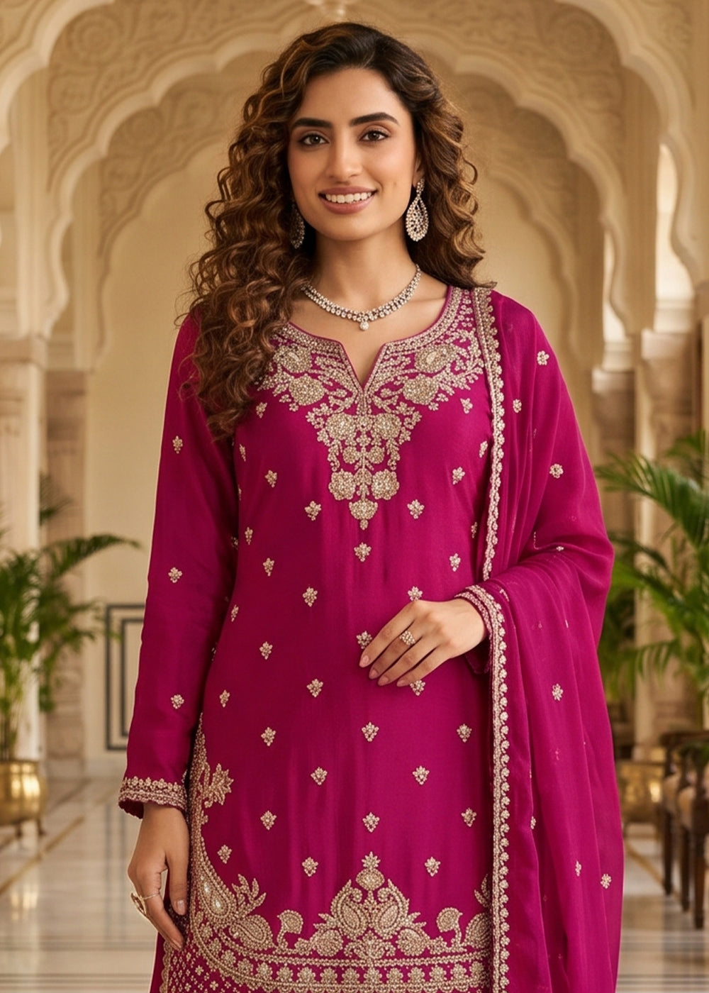 Magenta Pink Chinon Silk Sharara Suit with Ornate Embroidery Detailing