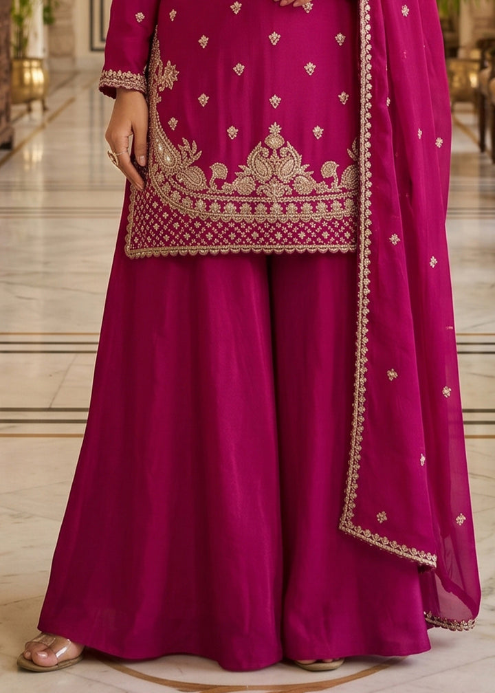 Magenta Pink Chinon Silk Sharara Suit with Ornate Embroidery Detailing
