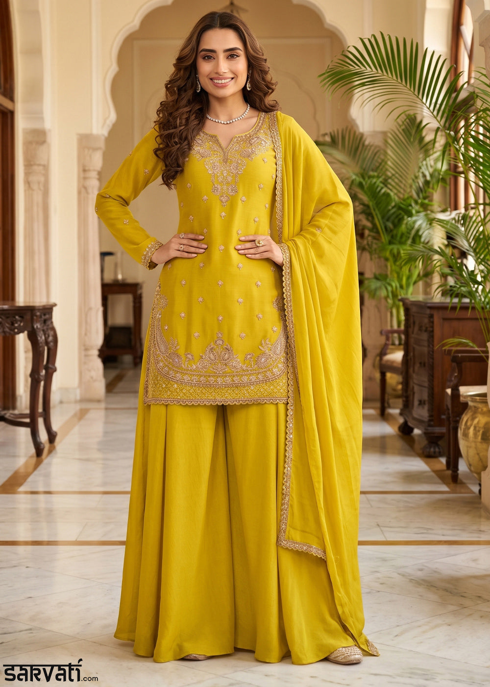 Mustard Yellow Chinon Silk Sharara Suit with Ornate Embroidery Detailing