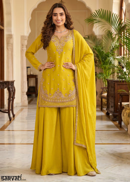 Mustard Yellow Chinon Silk Sharara Suit with Ornate Embroidery Detailing