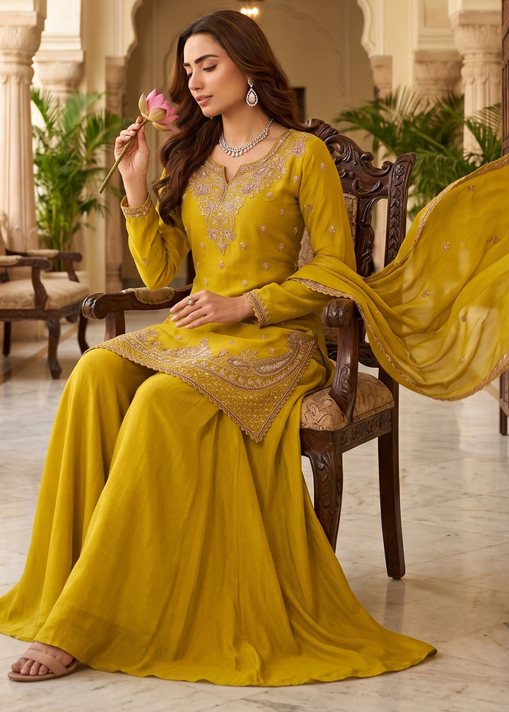Mustard Yellow Chinon Silk Sharara Suit with Ornate Embroidery Detailing