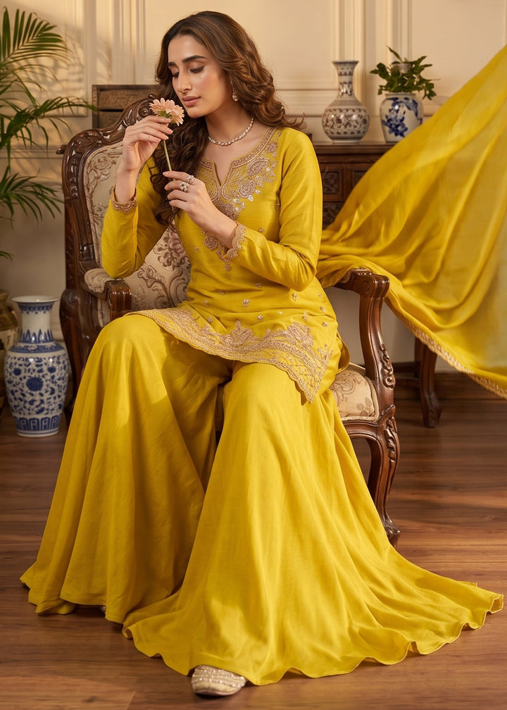 Mustard Yellow Chinon Silk Sharara Suit with Ornate Embroidery Detailing