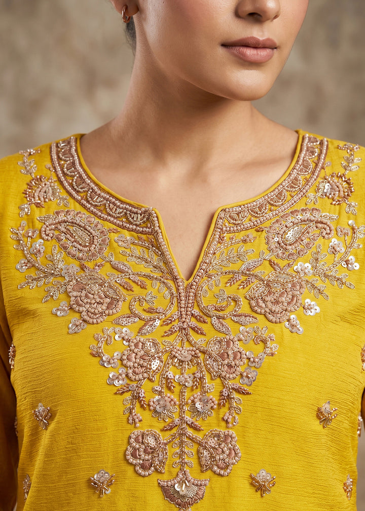 Mustard Yellow Chinon Silk Sharara Suit with Ornate Embroidery Detailing