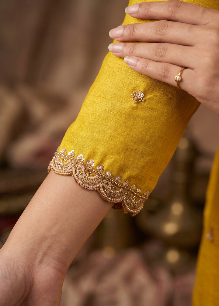 Mustard Yellow Chinon Silk Sharara Suit with Ornate Embroidery Detailing
