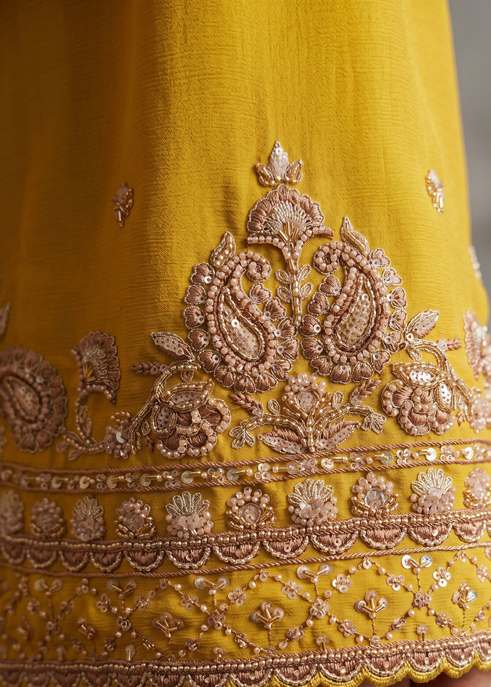 Mustard Yellow Chinon Silk Sharara Suit with Ornate Embroidery Detailing
