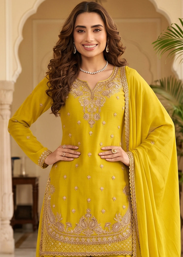 Mustard Yellow Chinon Silk Sharara Suit with Ornate Embroidery Detailing
