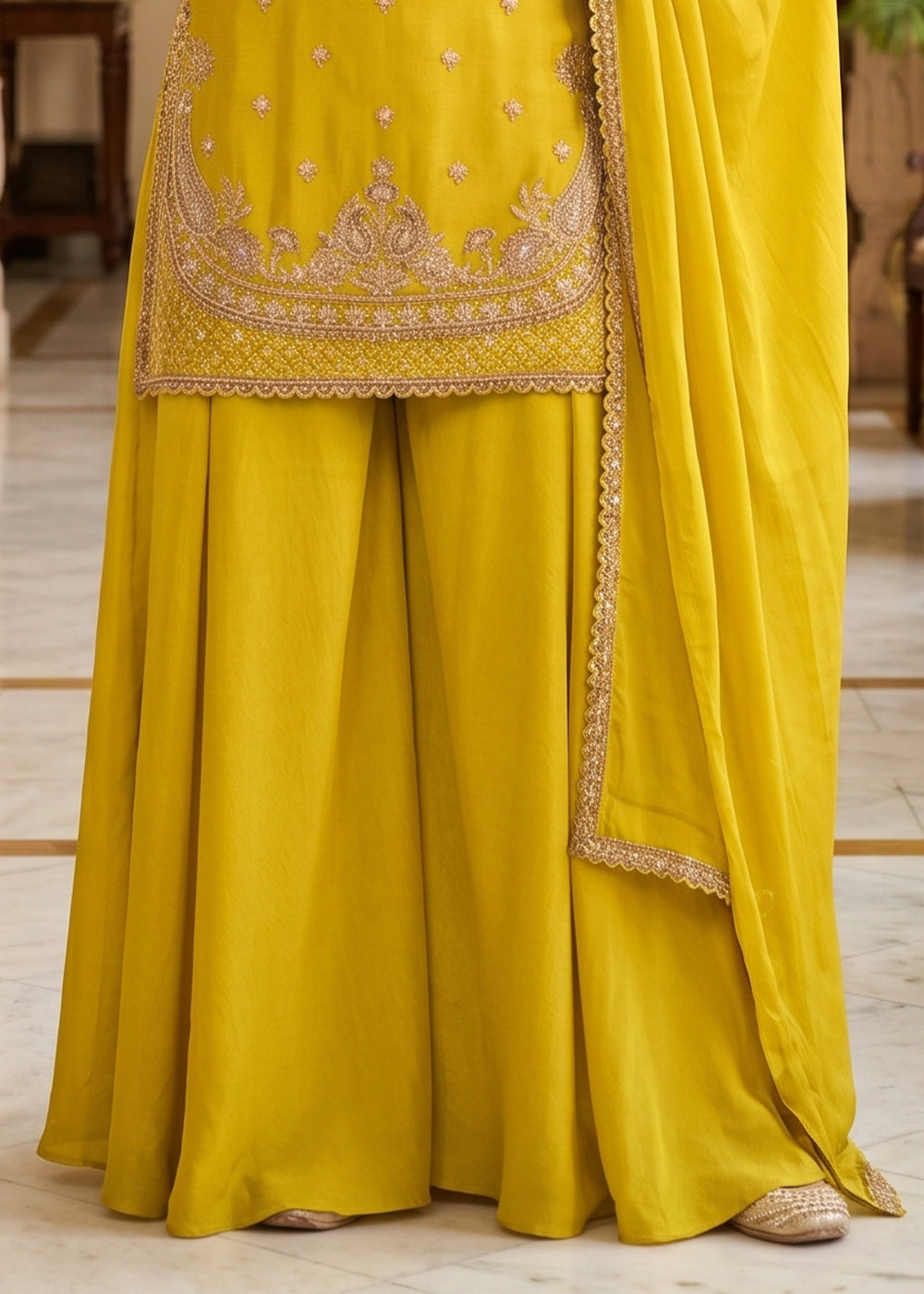 Mustard Yellow Chinon Silk Sharara Suit with Ornate Embroidery Detailing