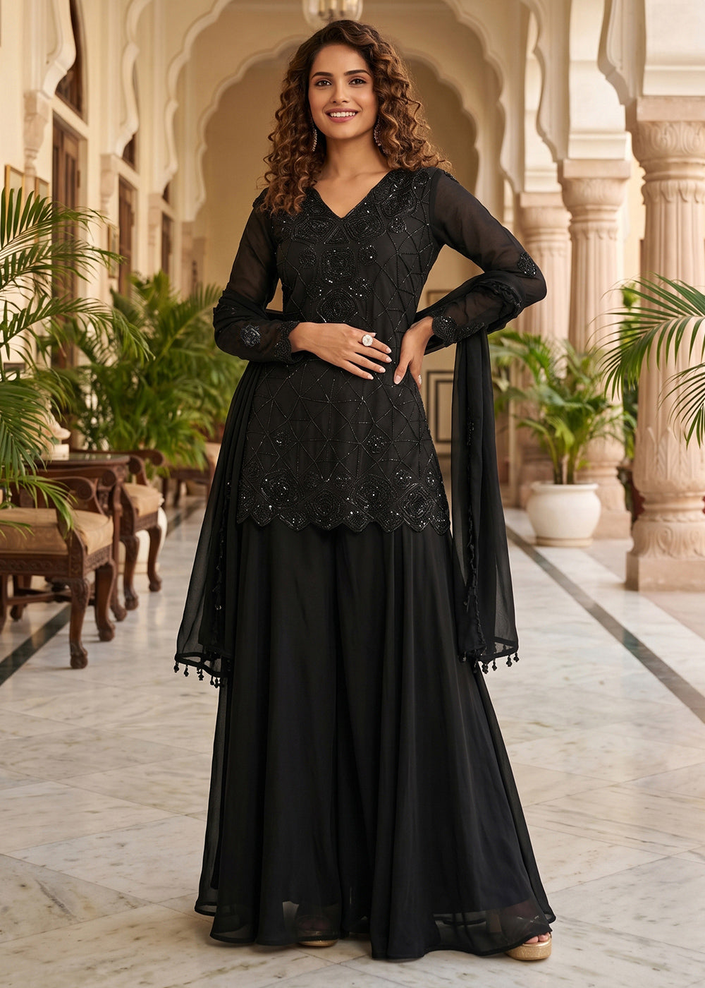 Midnight Black Chinon Silk Sharara Suit with Delicate Hand-Beaded Embroidery