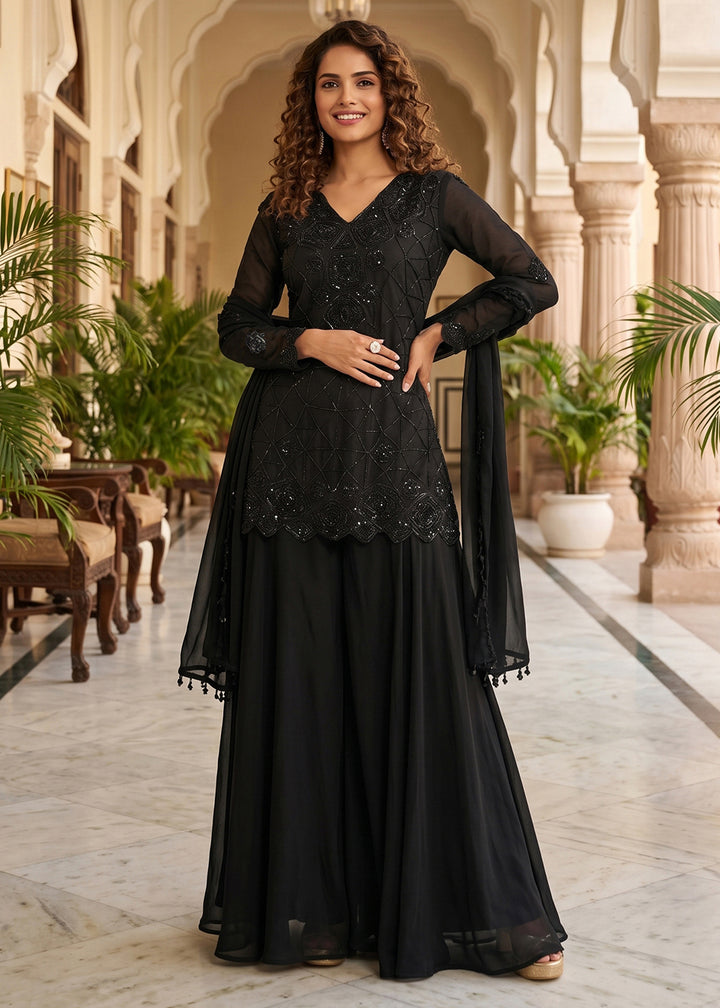 Midnight Black Chinon Silk Sharara Suit with Delicate Hand-Beaded Embroidery