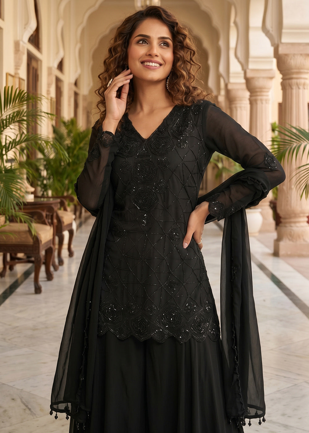 Midnight Black Chinon Silk Sharara Suit with Delicate Hand-Beaded Embroidery