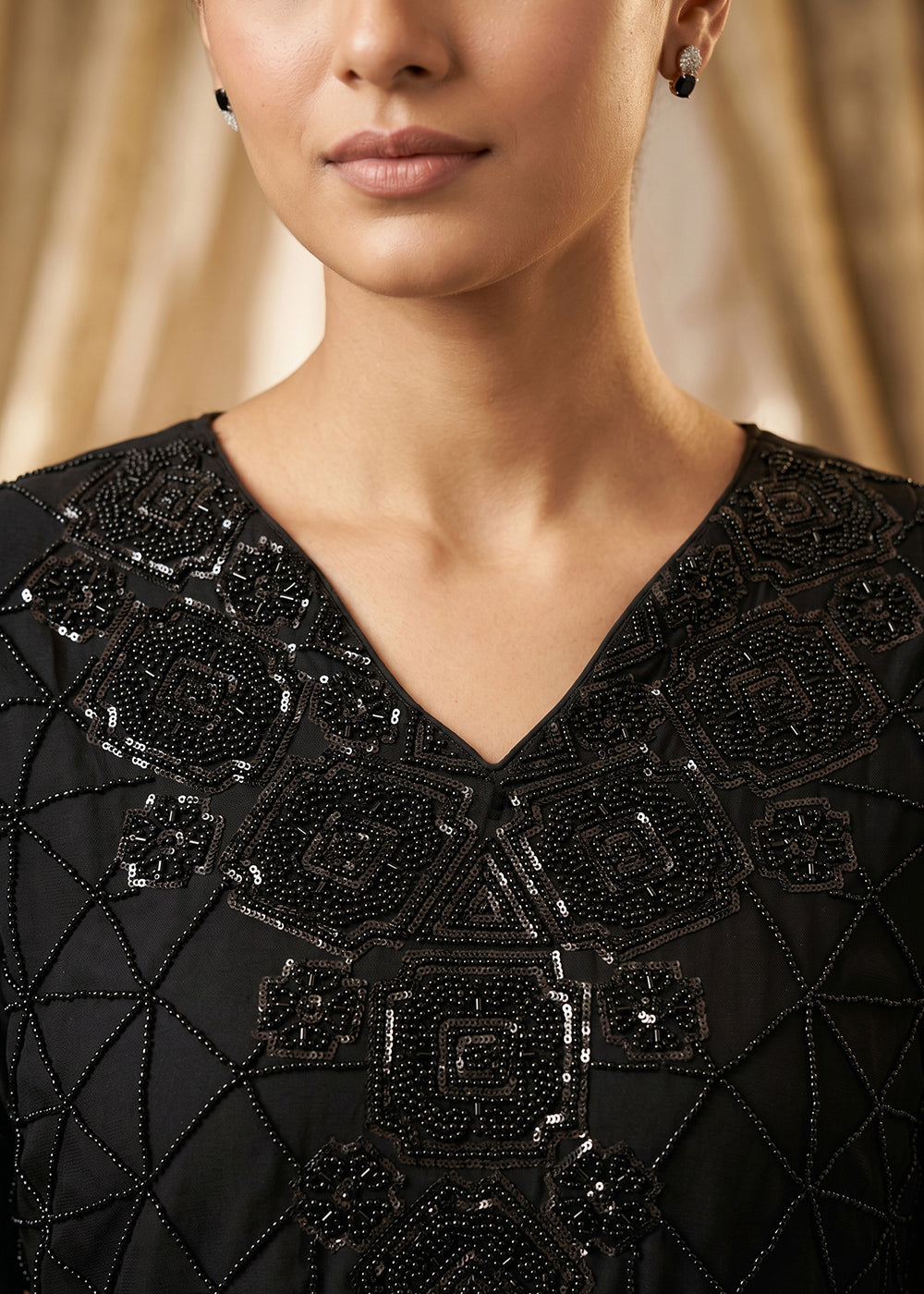 Midnight Black Chinon Silk Sharara Suit with Delicate Hand-Beaded Embroidery