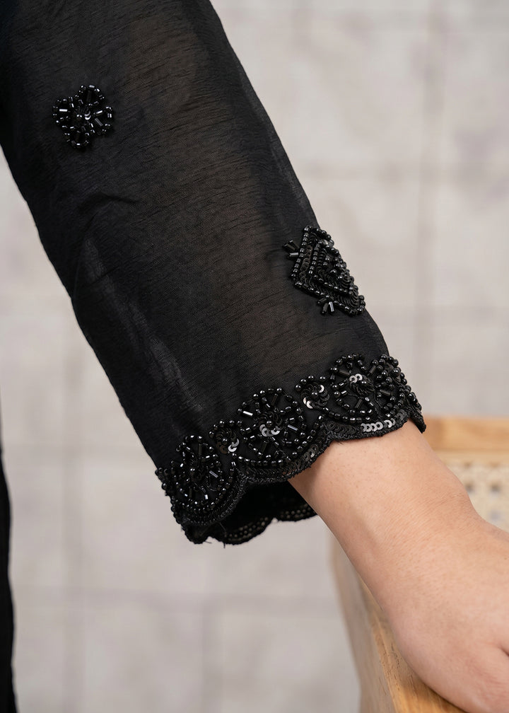 Midnight Black Chinon Silk Sharara Suit with Delicate Hand-Beaded Embroidery