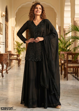 Midnight Black Chinon Silk Sharara Suit with Delicate Hand-Beaded Embroidery