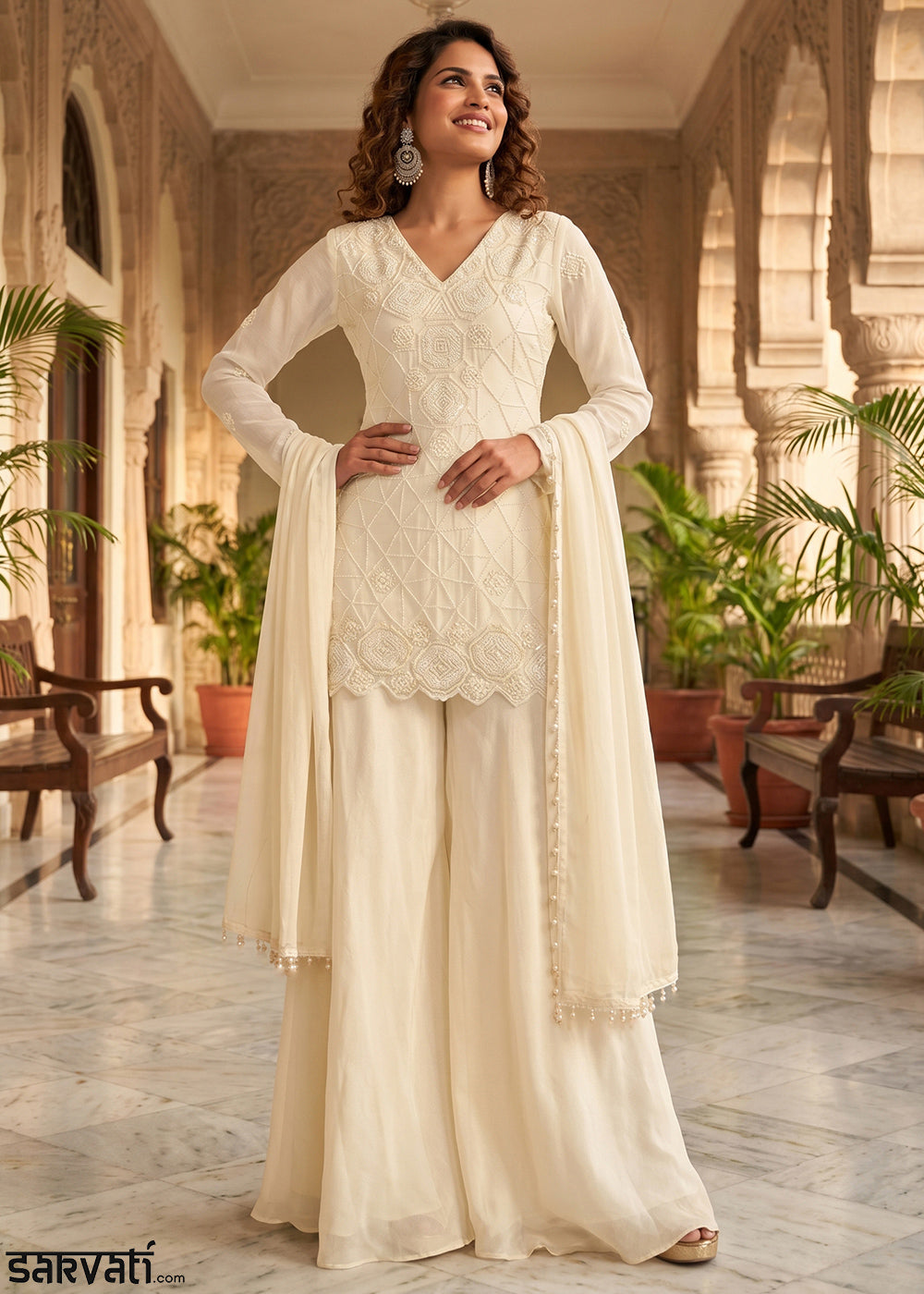 Cream White Chinon Silk Sharara Suit with Delicate Hand-Beaded Embroidery
