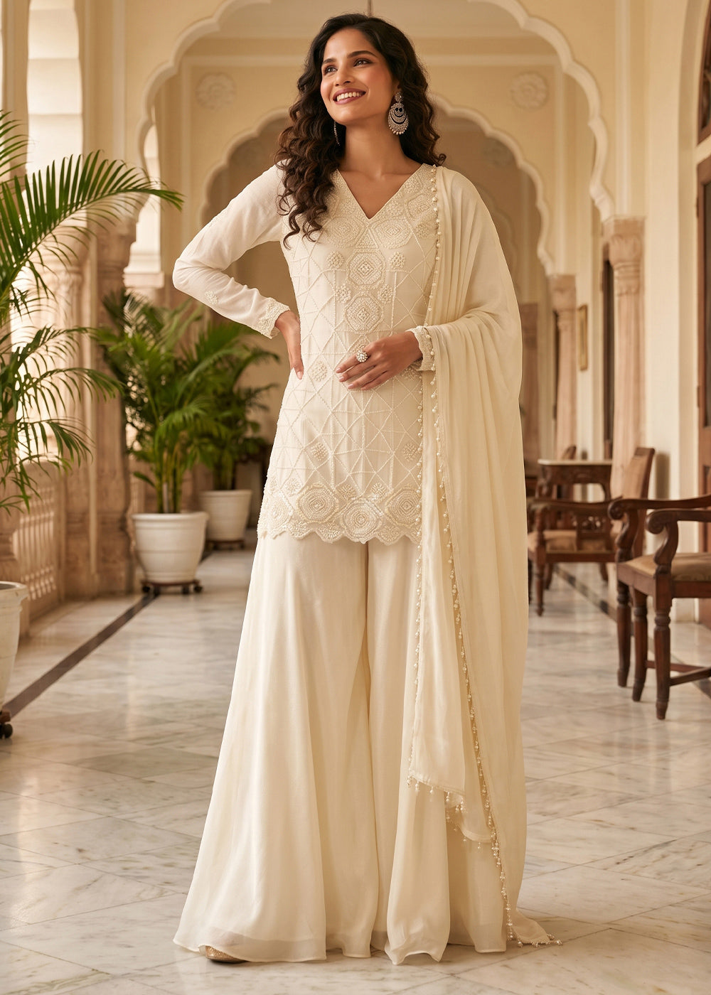 Cream White Chinon Silk Sharara Suit with Delicate Hand-Beaded Embroidery