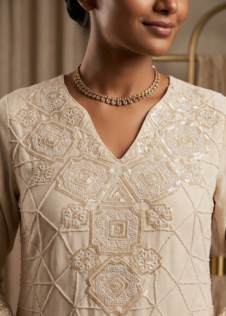 Cream White Chinon Silk Sharara Suit with Delicate Hand-Beaded Embroidery