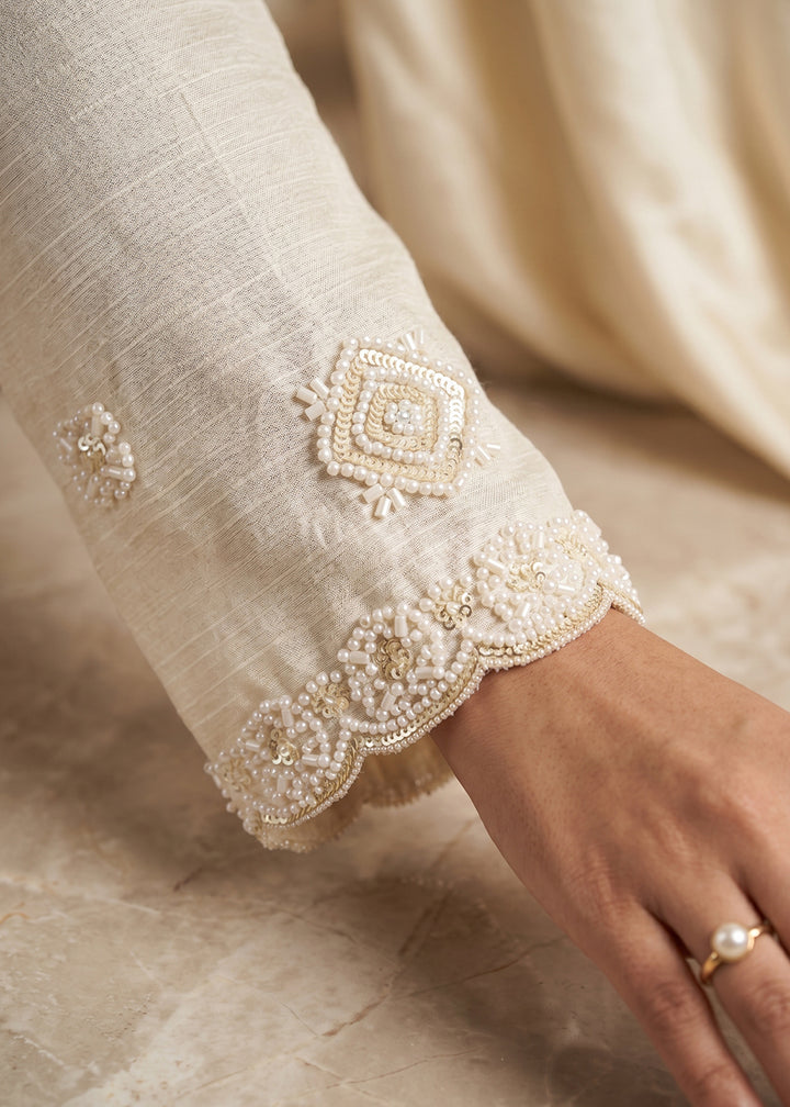 Cream White Chinon Silk Sharara Suit with Delicate Hand-Beaded Embroidery