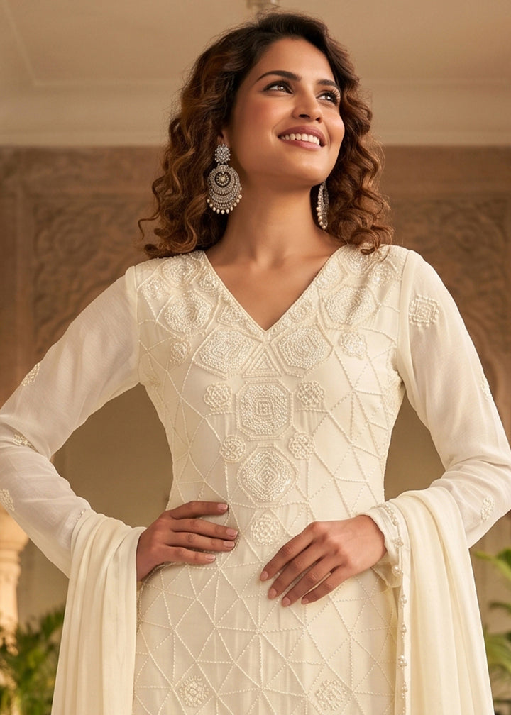 Cream White Chinon Silk Sharara Suit with Delicate Hand-Beaded Embroidery