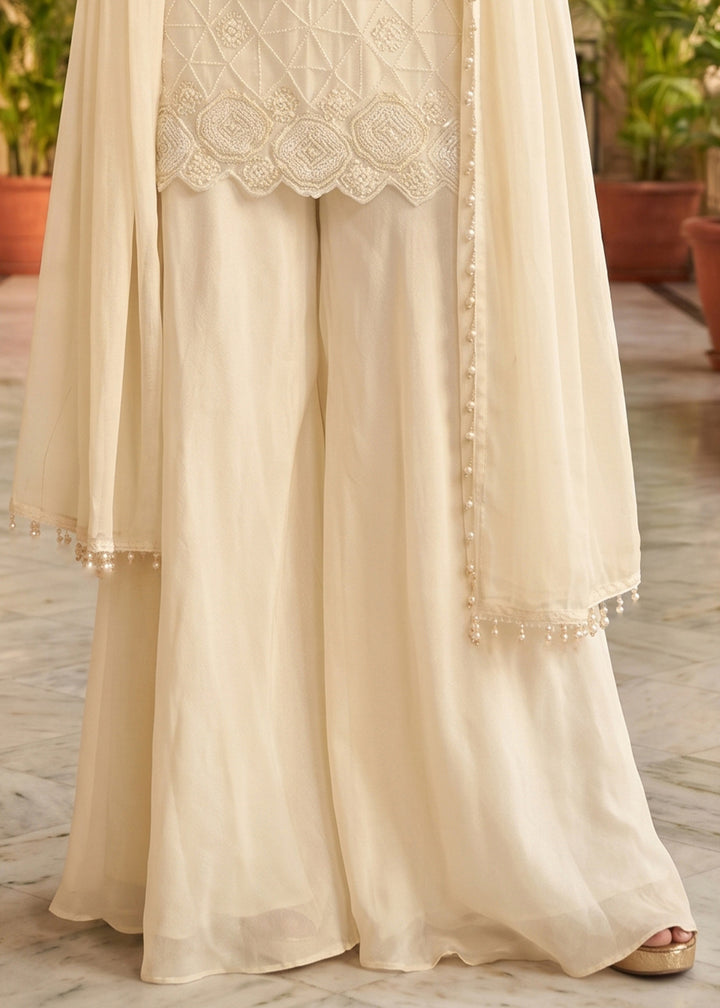 Cream White Chinon Silk Sharara Suit with Delicate Hand-Beaded Embroidery