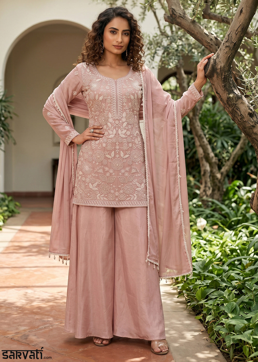 Peach Pink Chinon Silk Sharara Suit with Delicate Hand-Beaded Embroidery