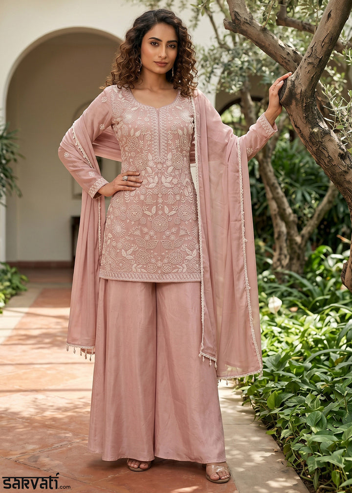 Peach Pink Chinon Silk Sharara Suit with Delicate Hand-Beaded Embroidery