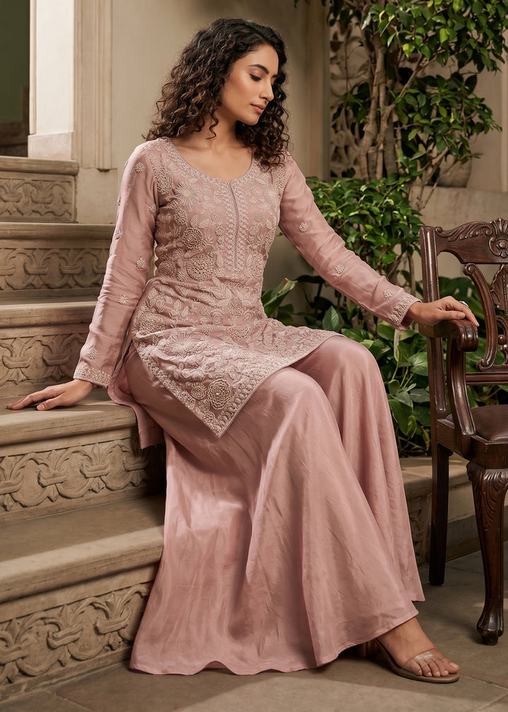 Peach Pink Chinon Silk Sharara Suit with Delicate Hand-Beaded Embroidery