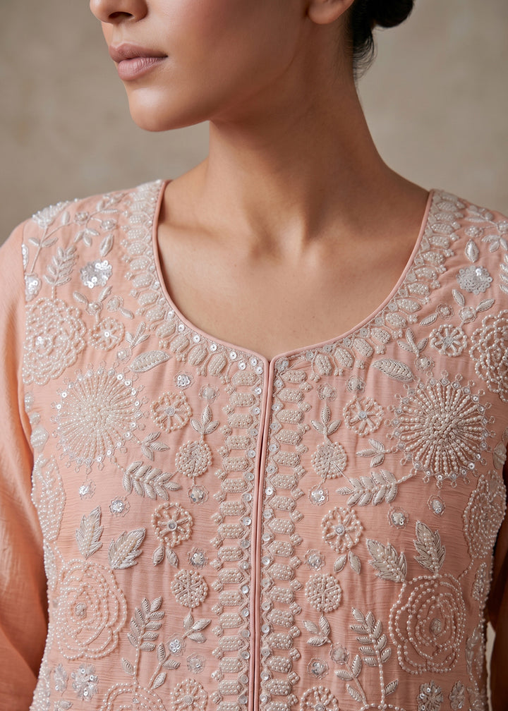 Peach Pink Chinon Silk Sharara Suit with Delicate Hand-Beaded Embroidery