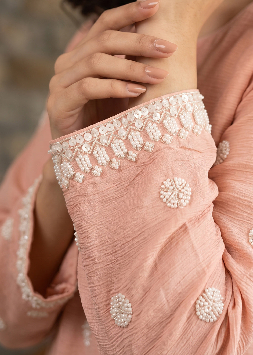 Peach Pink Chinon Silk Sharara Suit with Delicate Hand-Beaded Embroidery