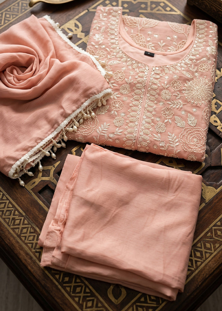 Peach Pink Chinon Silk Sharara Suit with Delicate Hand-Beaded Embroidery