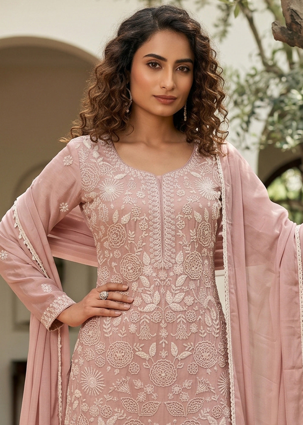 Peach Pink Chinon Silk Sharara Suit with Delicate Hand-Beaded Embroidery