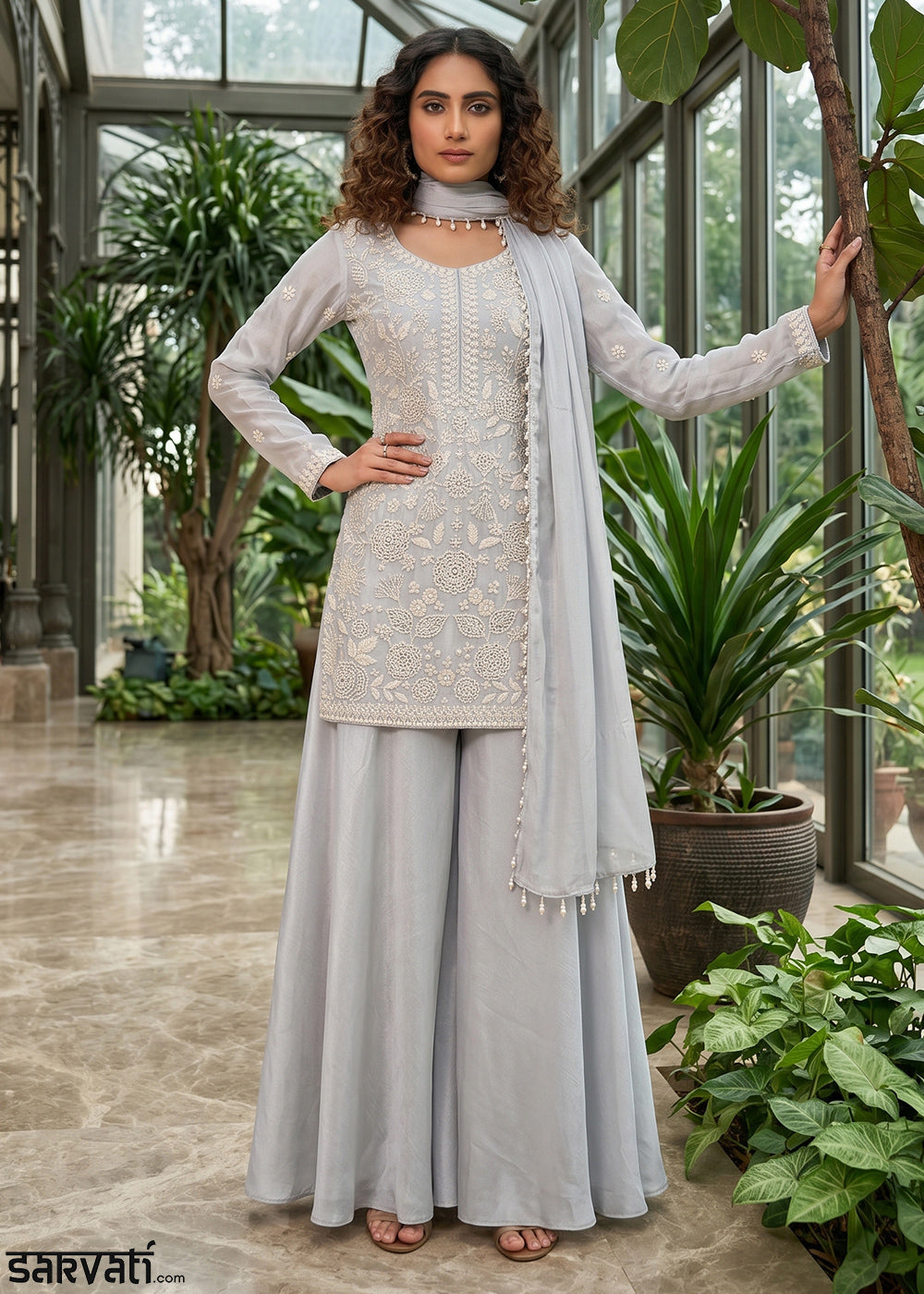 Rhino Grey Chinon Silk Sharara Suit with Delicate Hand-Beaded Embroidery