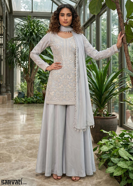 Rhino Grey Chinon Silk Sharara Suit with Delicate Hand-Beaded Embroidery