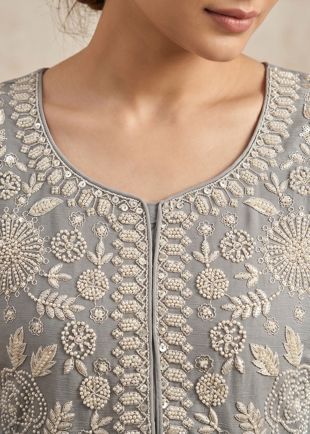 Rhino Grey Chinon Silk Sharara Suit with Delicate Hand-Beaded Embroidery