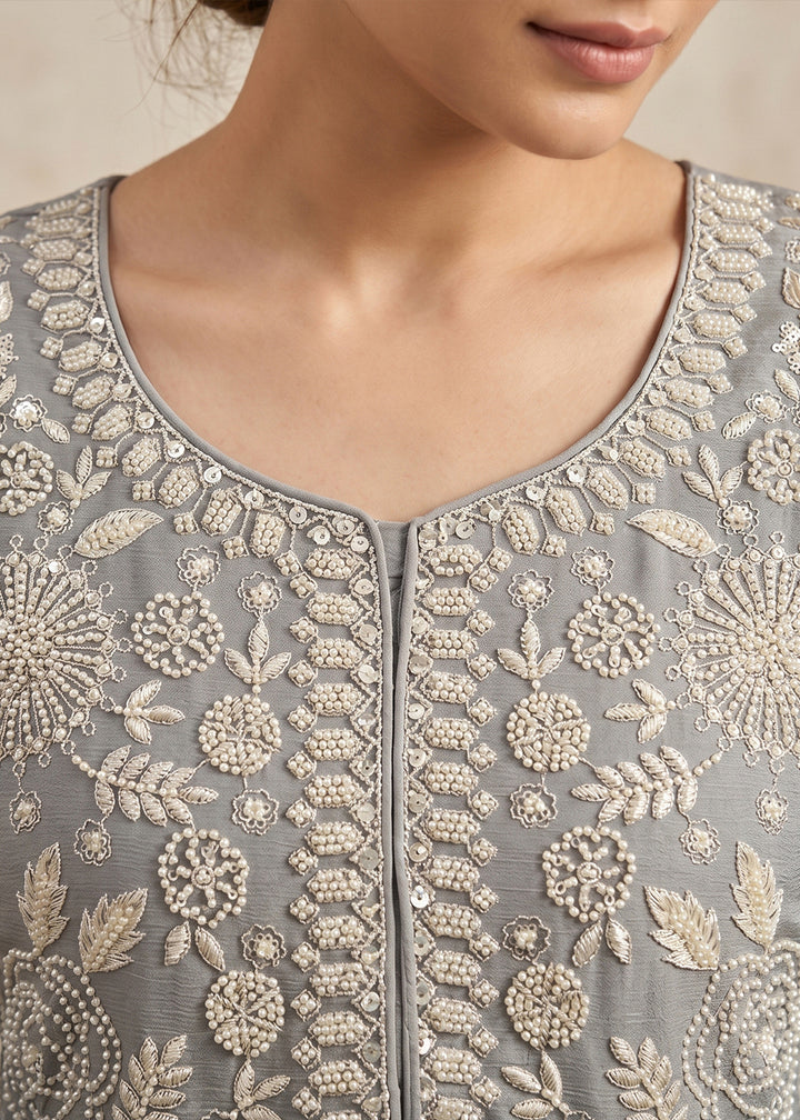 Rhino Grey Chinon Silk Sharara Suit with Delicate Hand-Beaded Embroidery