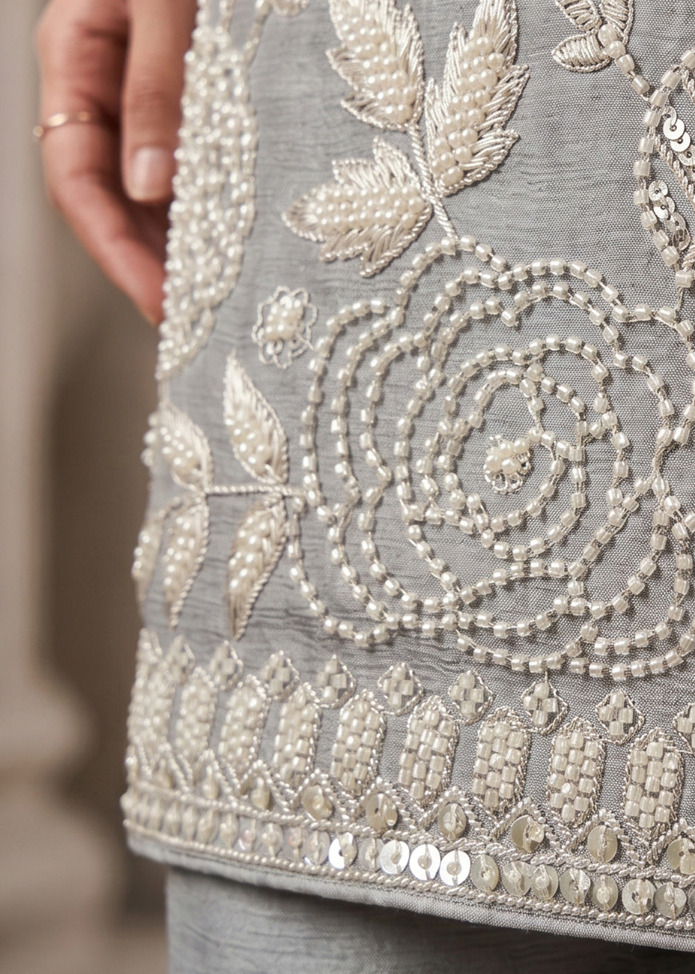 Rhino Grey Chinon Silk Sharara Suit with Delicate Hand-Beaded Embroidery