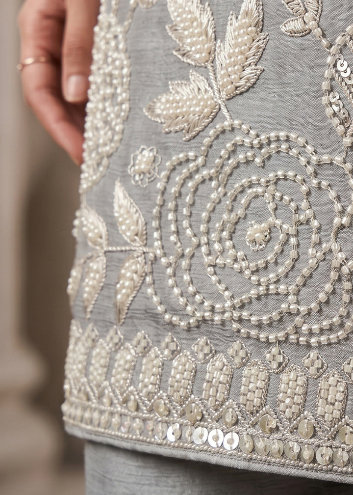 Rhino Grey Chinon Silk Sharara Suit with Delicate Hand-Beaded Embroidery