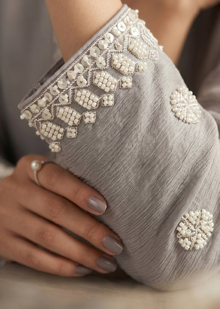 Rhino Grey Chinon Silk Sharara Suit with Delicate Hand-Beaded Embroidery
