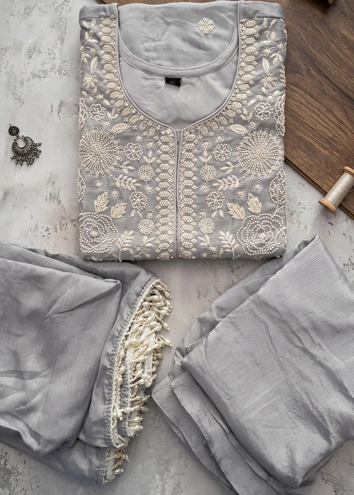 Rhino Grey Chinon Silk Sharara Suit with Delicate Hand-Beaded Embroidery