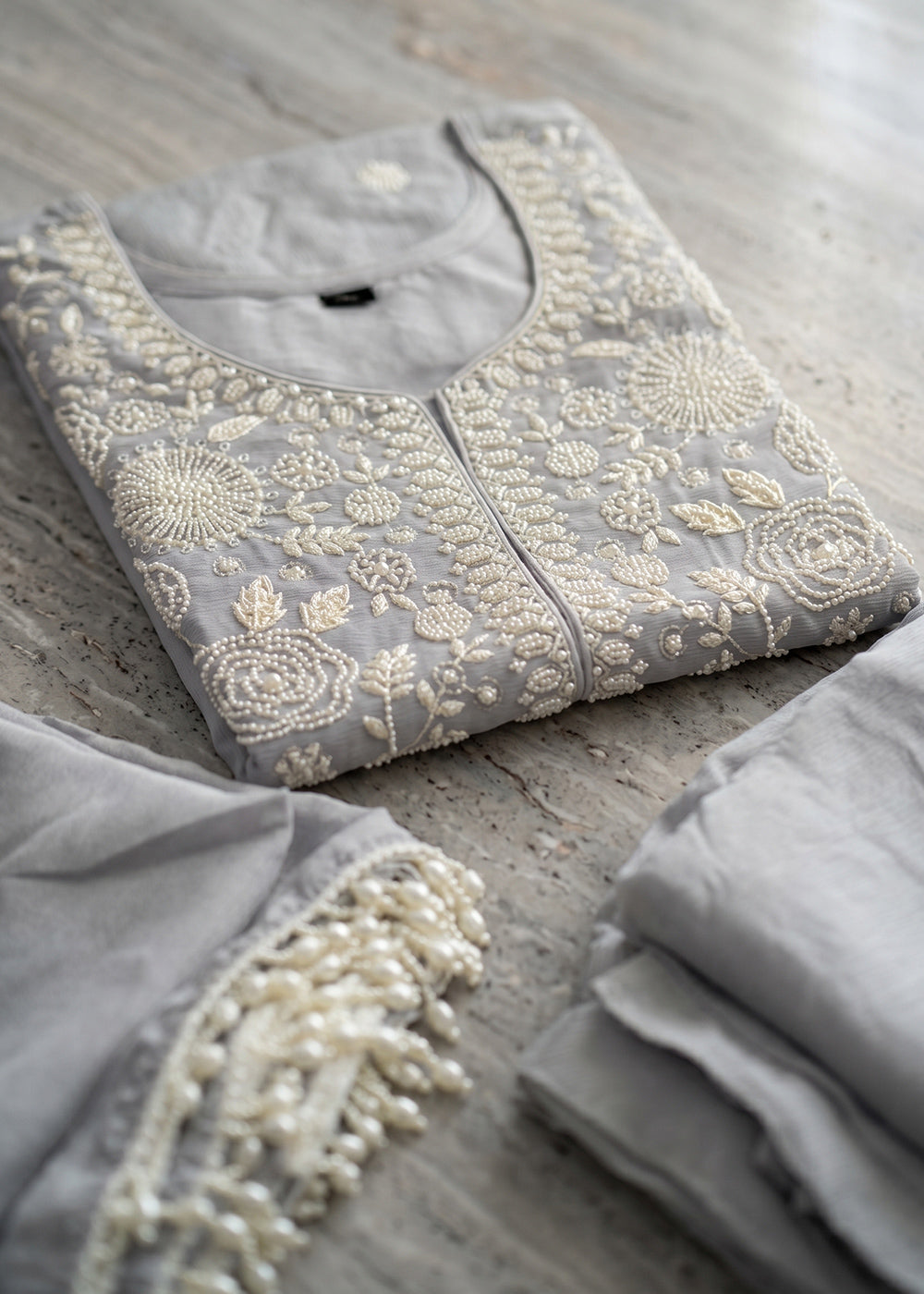 Rhino Grey Chinon Silk Sharara Suit with Delicate Hand-Beaded Embroidery