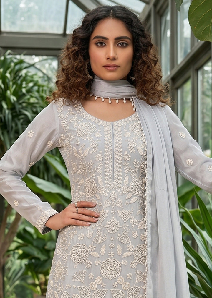 Rhino Grey Chinon Silk Sharara Suit with Delicate Hand-Beaded Embroidery