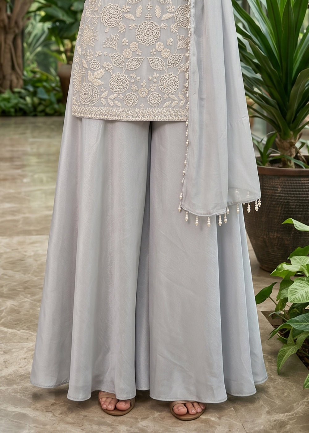 Rhino Grey Chinon Silk Sharara Suit with Delicate Hand-Beaded Embroidery