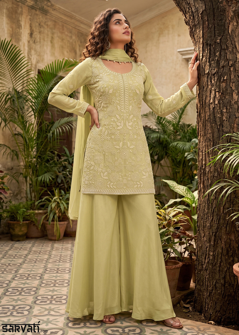 Light Green Chinon Silk Sharara Suit with Delicate Hand-Beaded Embroidery