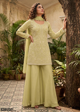 Light Green Chinon Silk Sharara Suit with Delicate Hand-Beaded Embroidery