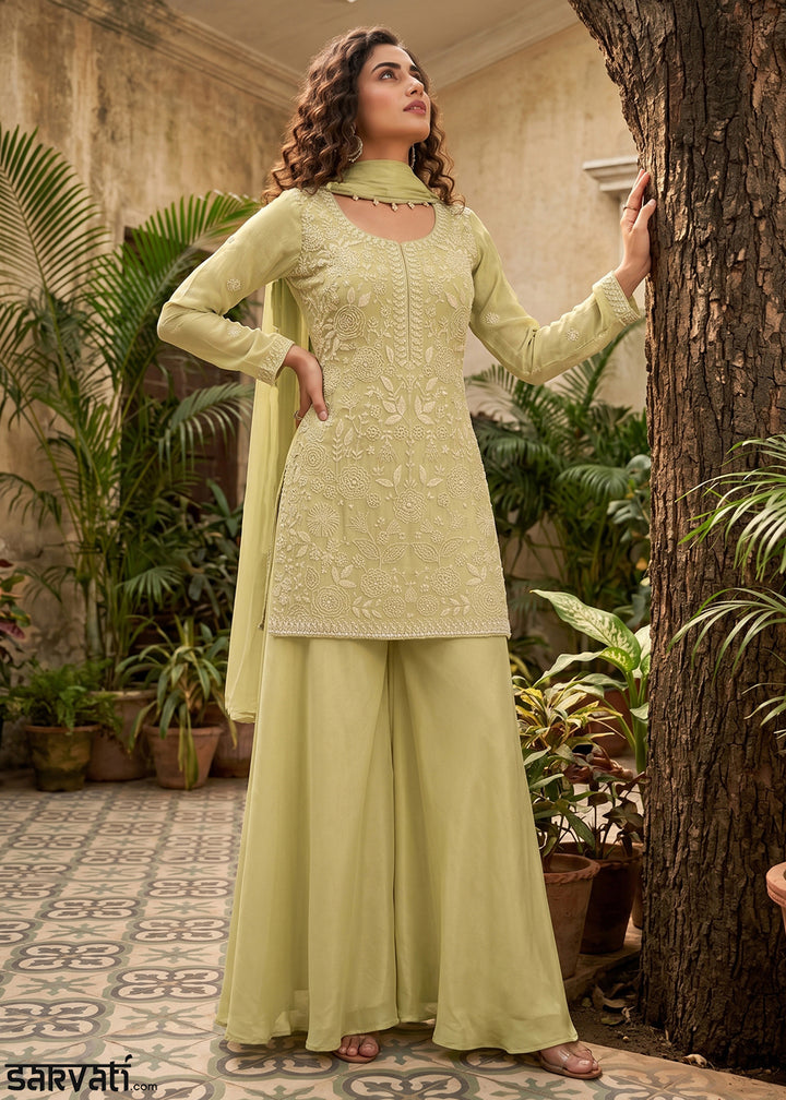 Light Green Chinon Silk Sharara Suit with Delicate Hand-Beaded Embroidery