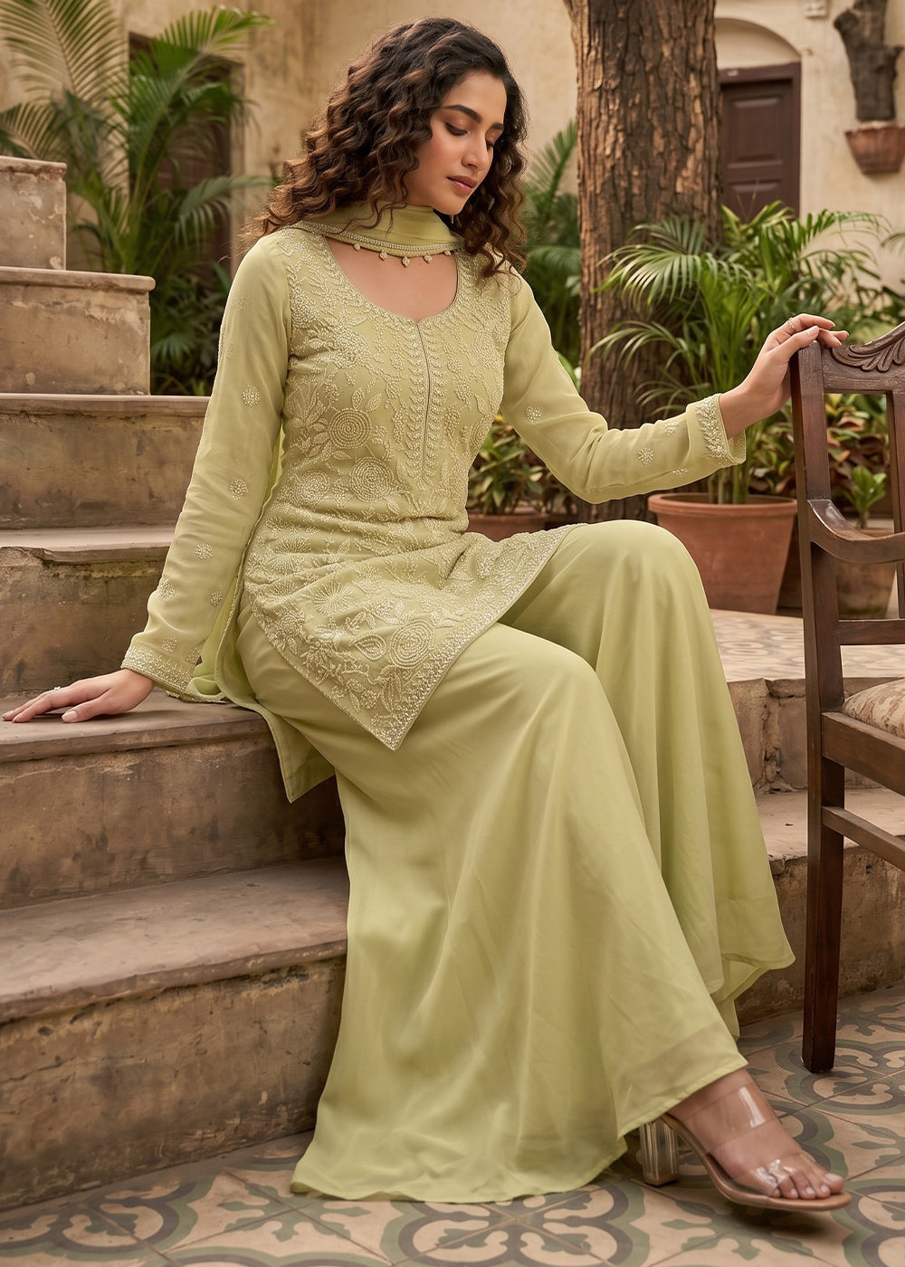 Light Green Chinon Silk Sharara Suit with Delicate Hand-Beaded Embroidery